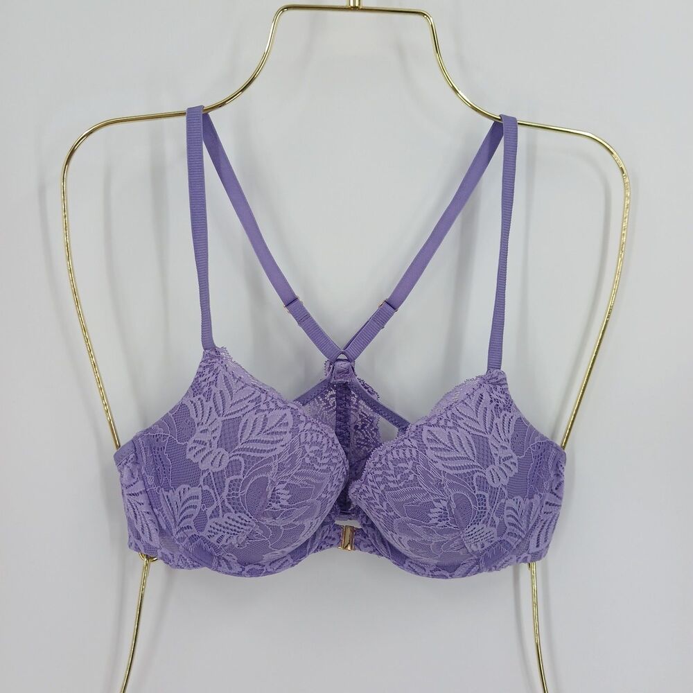 Auden Womens Size 32B Purple Floral Lace Push Up Demi Bra Racerback